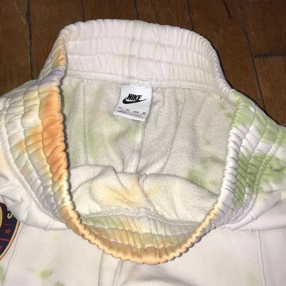 Nike White Tie-Dye Patch Joggers with Orange, Purple & Light Green‎ Accents